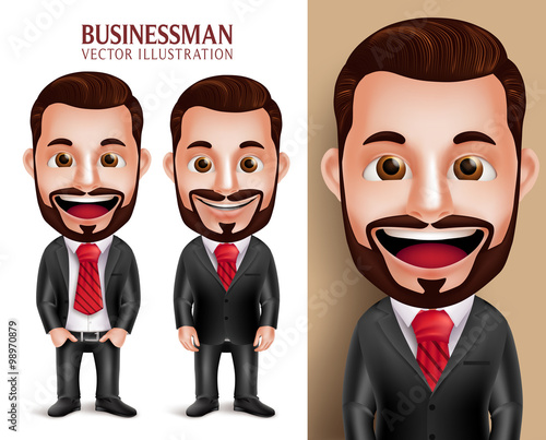 3D Realistic Professional Business Man Vector Character Happy in Attractive Corporate Attire Isolated in White Background. Set of Vector Illustration
