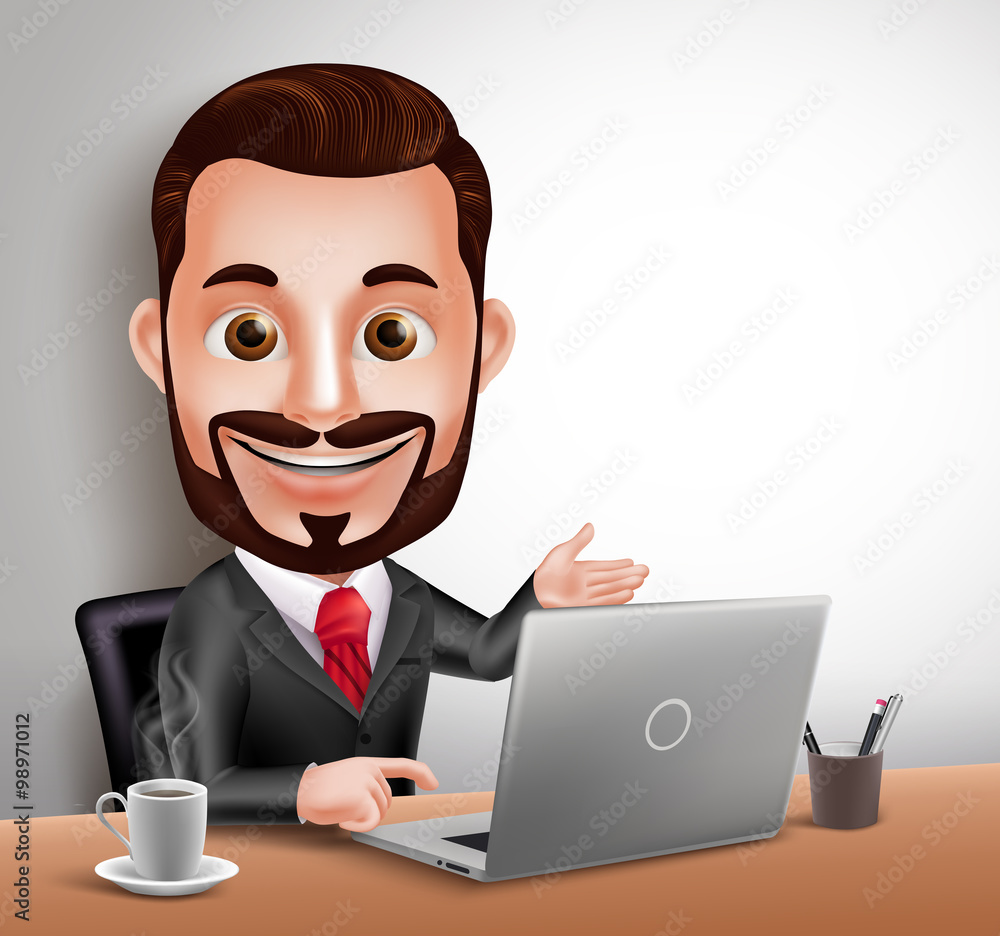 3D Realistic Professional Business Man Vector Character Happy Sitting and Working in Office Desk with Laptop Computer. Vector Illustration
