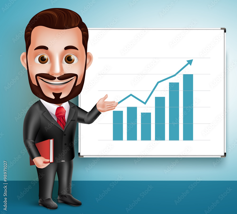 3D Realistic Professional Business Man Vector Character Happy Speaking and Showing Chart Presentation in White Board. Vector Illustration
3D Realistic Professional Business Man Vector Character Happy Speaking and Showing Chart Presentation in White Board. Vector Illustration