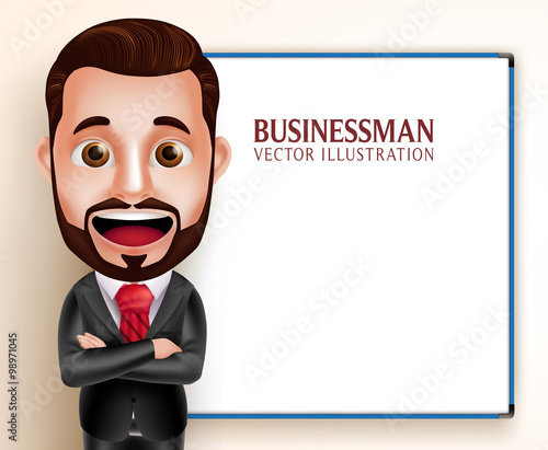 3D Realistic Professional Business Man Vector Character Happy Speaking for Presentation with Empty Blank White Board. Vector Illustration
