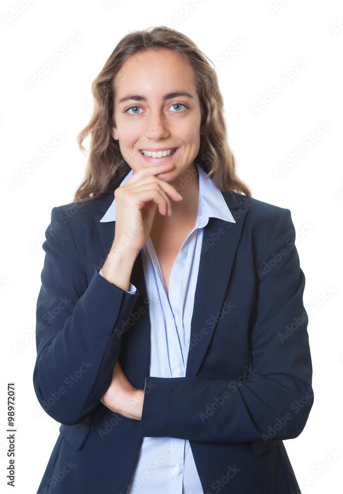 Lachende junge Frau mit blauen Augen und Blazer Lachende junge Frau mit blauen Augen und Blazer