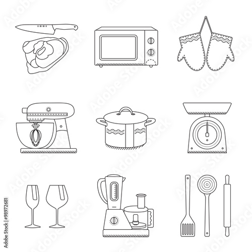 Set of clean line icons featuring various kitchen utensils and c