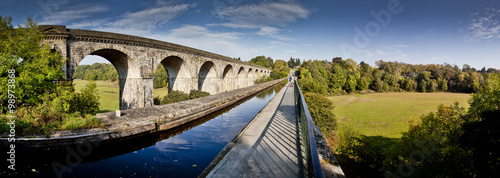 Chirk Aqueduct, views of canal boat and the railway and canal bridges