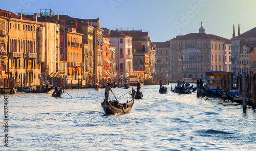 Fotografie Gondolas on the Grand Canal at Sunset in Venice, Italy