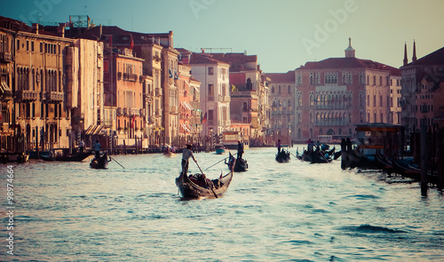 Billede på lærred Gondolas on the Grand Canal at Sunset in Venice, Italy