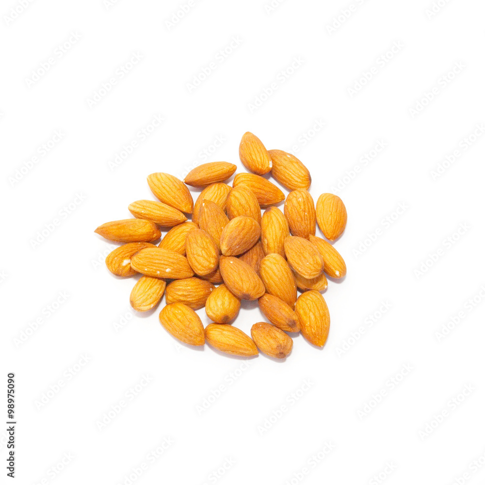 Heap of almonds isolated on white. Heap of almonds isolated on white.