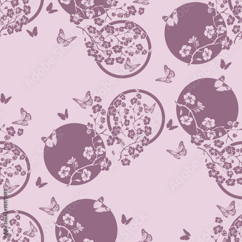 Twig cherry blossoms and butterfly. Seamless