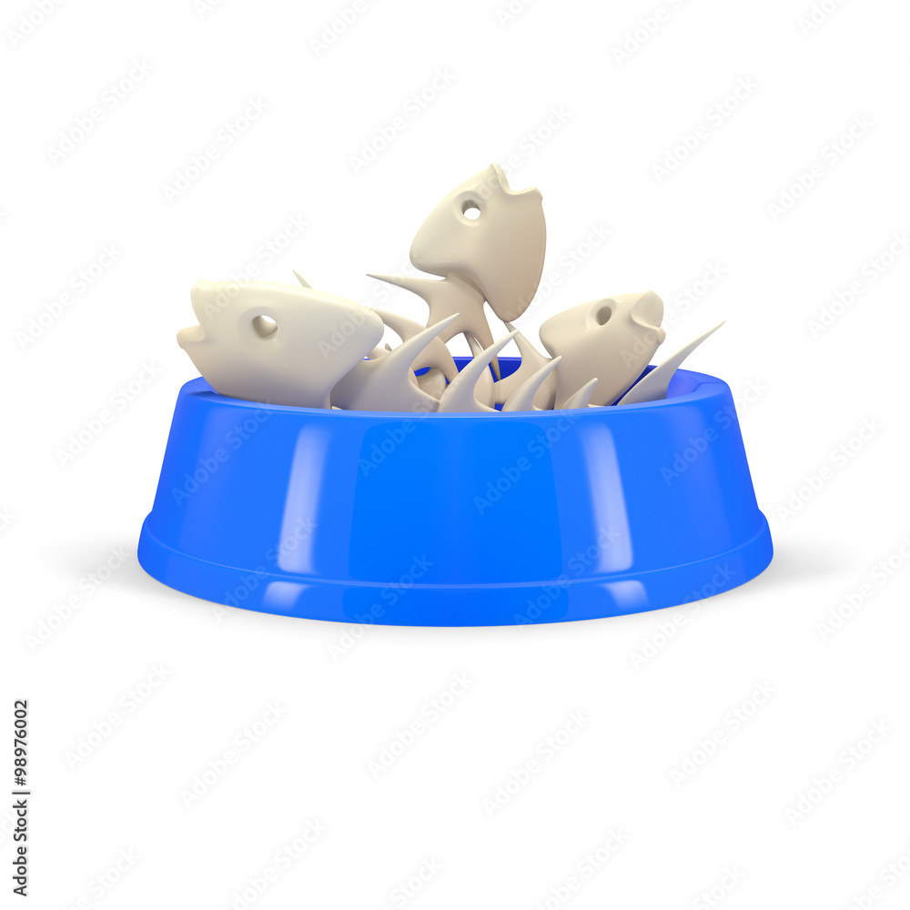 blue bowl with fish bones for cat, isolated on white background blue bowl with fish bones for cat, isolated on white background