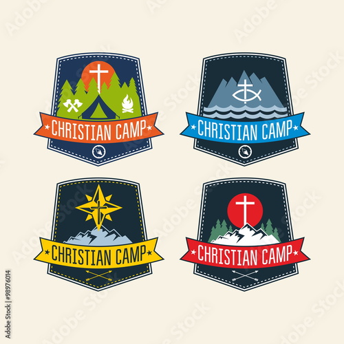 Set of christian camp labels and logo graphics