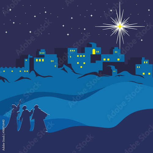 Christmas. Night Bethlehem, wise men following the star of Bethlehem