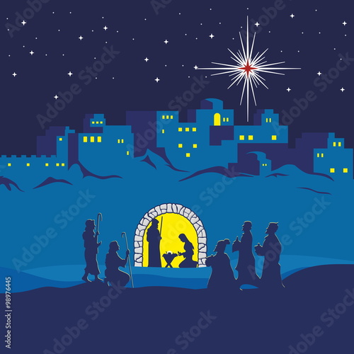 Nativity scene. Christmas. Bethlehem. Mary, Joseph and small Jesus. The shepherds and the wise men came to worship Jesus