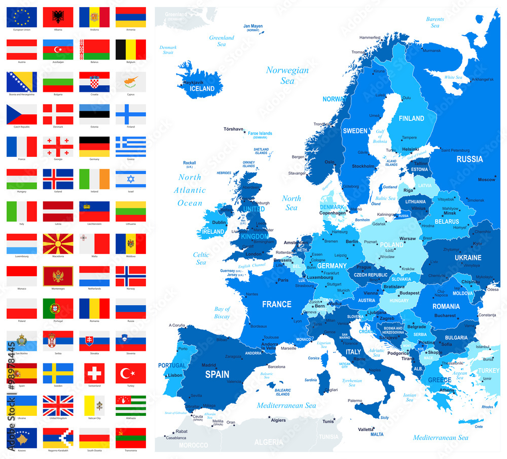 Map and Flags of Europe Full Vector Collection. Vector Set of Flat European Flags and Map