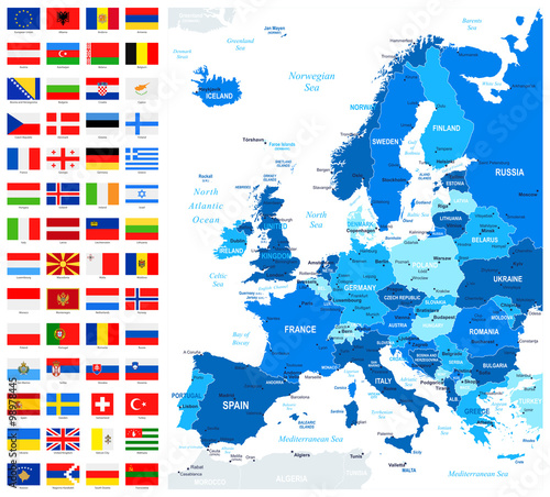 Map and Flags of Europe - Full Vector Collection. Vector Set of Flat European Flags and Map.