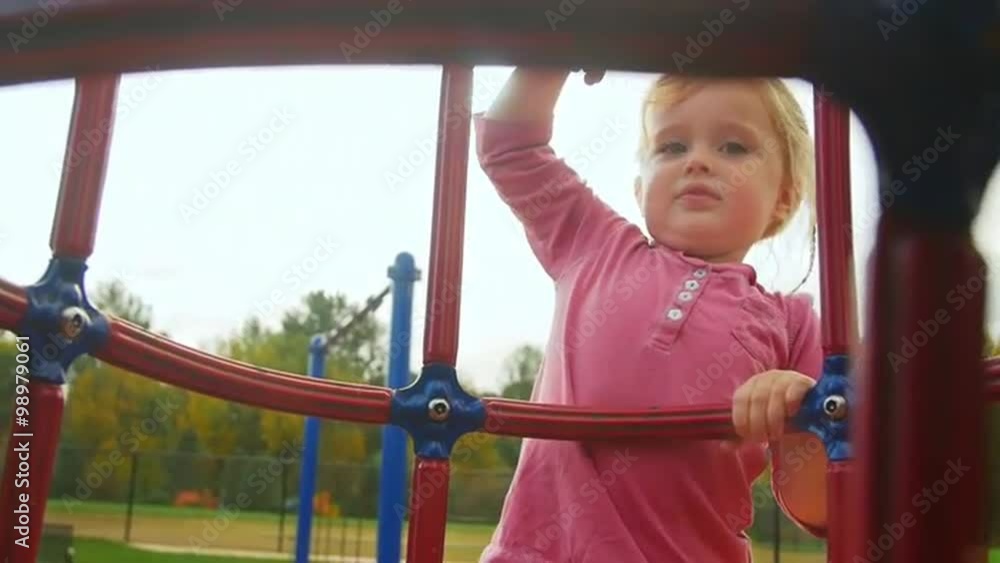 Cute little girl looks at the camera before she starts climbing the jungle gym Cute little girl looks at the camera before she starts climbing the jungle gym