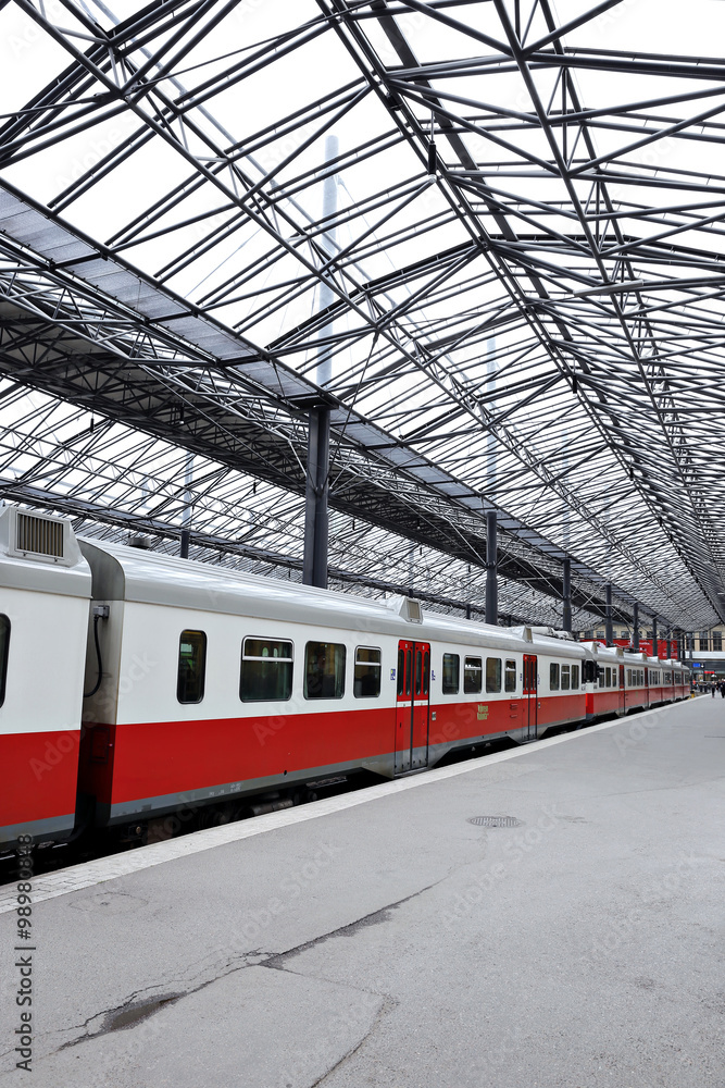 The electric train stopped at the Pavilion Central Station in Helsinki