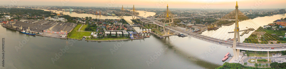 panorama view of bhumibol bridge crossing chaopraya river  impor