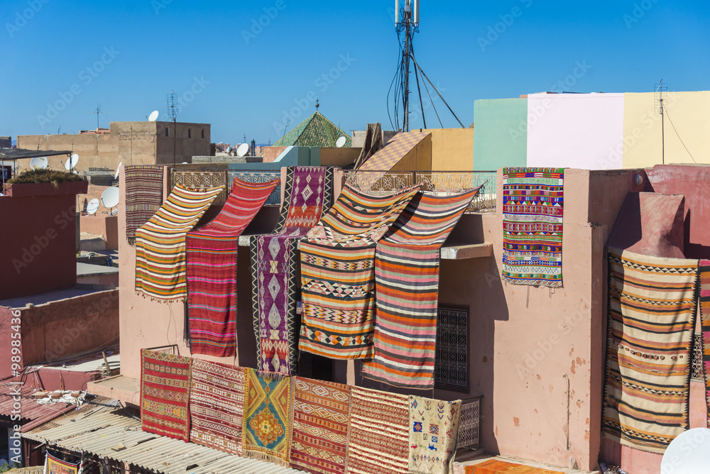 Morocco, Marrakesh, typical colourful Moroccan Berber carpets ha