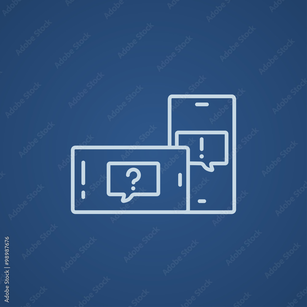 Two smartphones with speech squares on screen line icon. Two smartphones with speech squares on screen line icon.