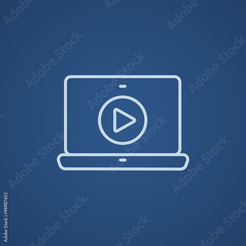 Laptop with play button on screen line icon.