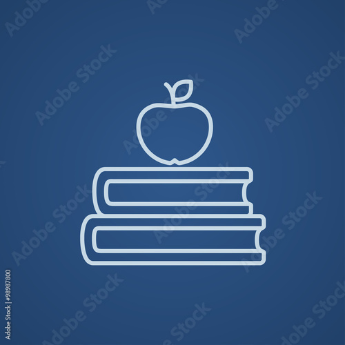 Books and apple on top line icon.