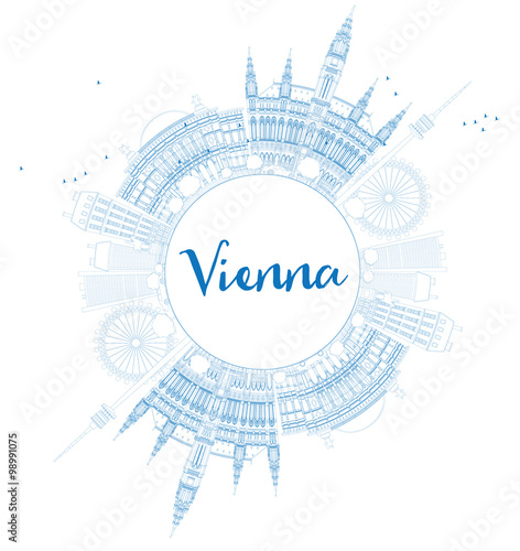 Outline Vienna Skyline with Blue Buildings Copy Space. Some elements have transparency mode different from normal.