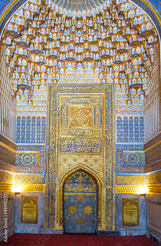 Uzbekistan, Samarkand, the wonderful decorations of the Bibi Khanim mosque in...