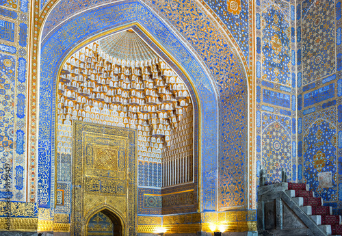 Uzbekistan, Samarkand, the wonderful decorations of the Bibi Khanim mosque in...