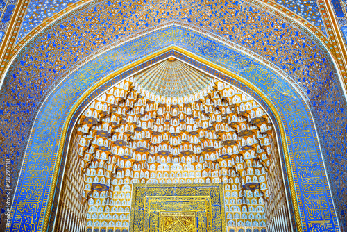 Uzbekistan, Samarkand, the wonderful decorations of the Bibi Khanim mosque in...