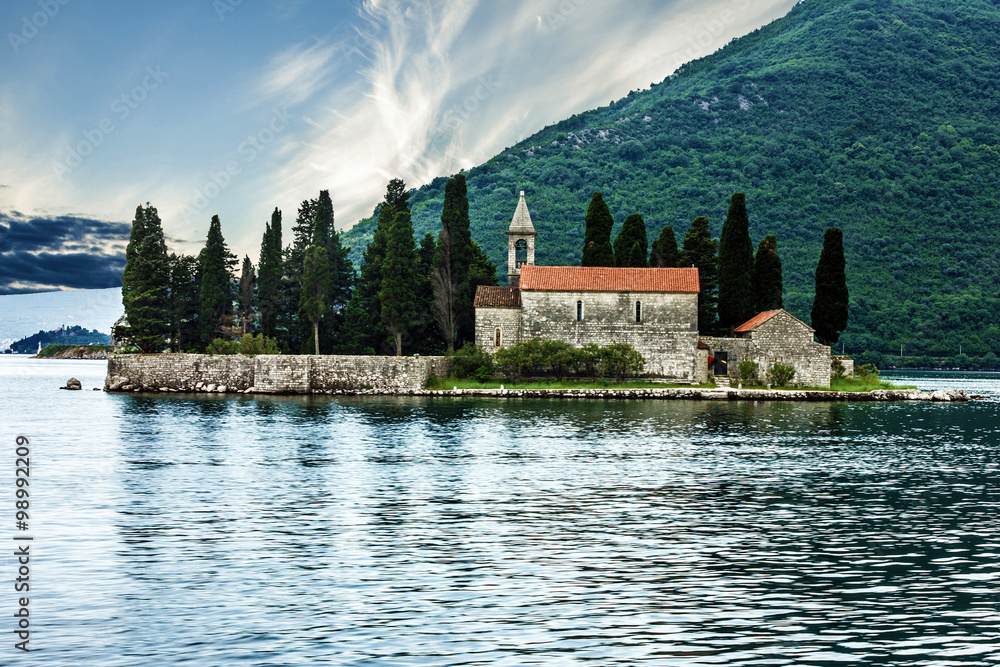 Montenegro seascape, Monastery on the island in Perast