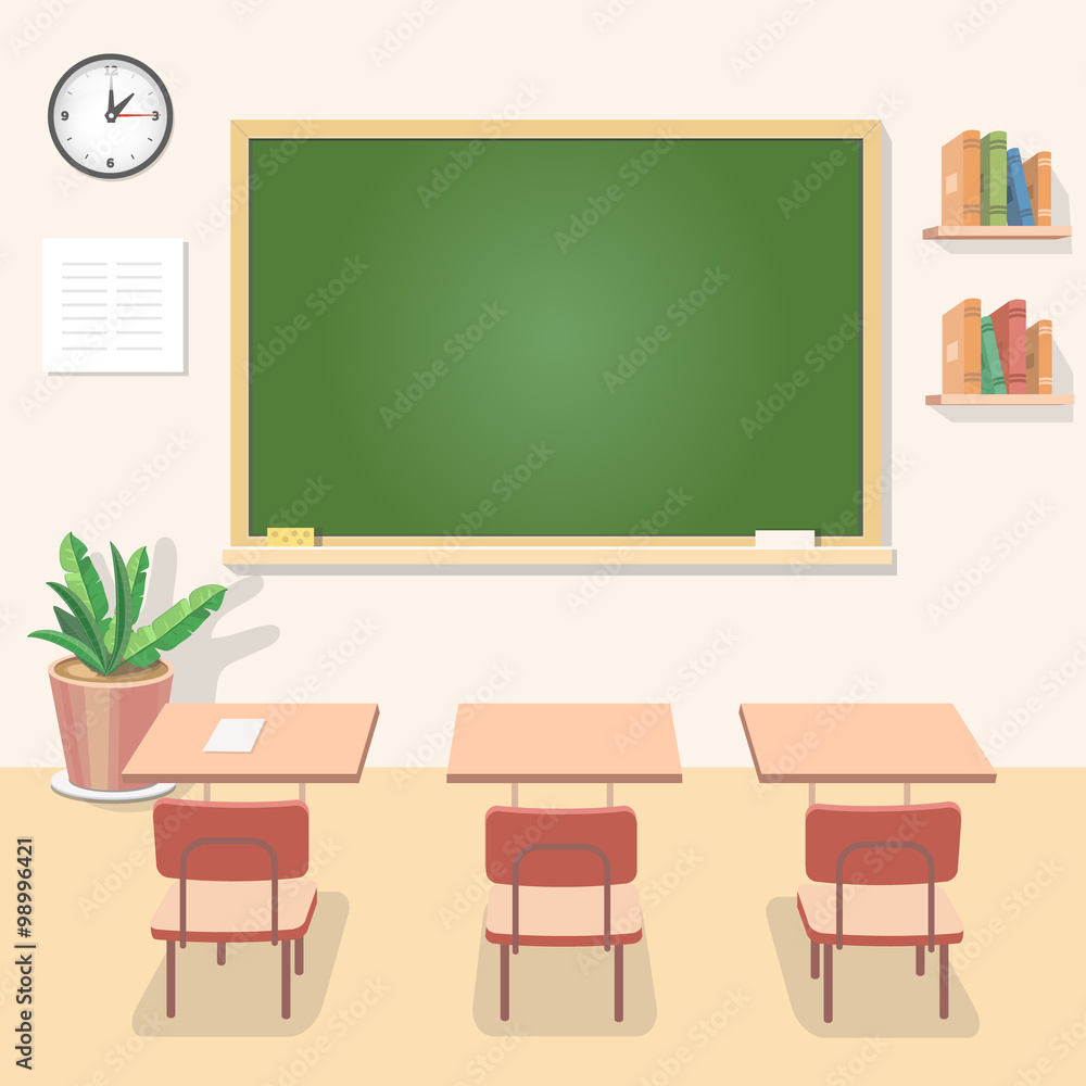 School classroom with chalkboard and desks. Class for education, board, table or study, blackboard lesson. Vector School classroom with chalkboard and desks. Class for education, board, table or study, blackboard lesson. Vector