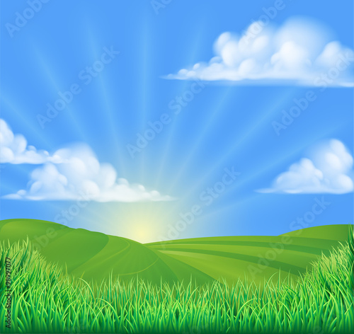 Rolling Hills Field Sun Background