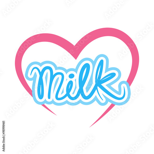Light blue milk text and pink heart logo / icon concept. Vector design.