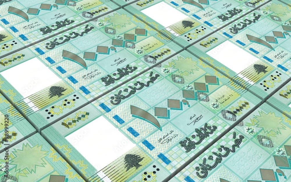 Lebanese pounds bills stacks background. Computer generated 3D photo rendering.