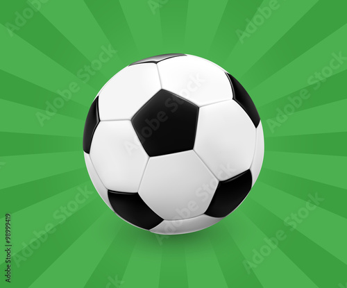 Soccer ball   football on green background with light rays. Vector illustration.
