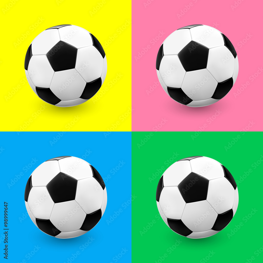 Naklejka premium Soccer ball / football set on colourful backgrounds. Vector illustration.