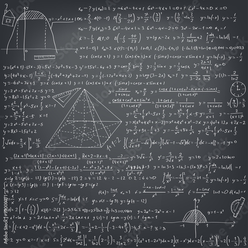 Mathematical formulas on a black school board