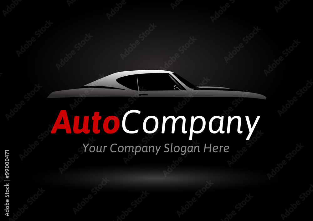 Auto Company Vehicle Logo Design Concept with classic American style sports Car Silhouette on black background. Vector illustration. Auto Company Vehicle Logo Design Concept with classic American style sports Car Silhouette on black background. Vector illustration.