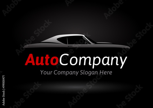 Auto Company Vehicle Logo Design Concept with classic American style sports Car Silhouette on black background. Vector illustration.