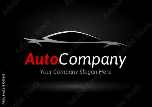 Modern Auto Company Vehicle Logo Design Concept with Sports Car Silhouette on black background. Vector illustration.