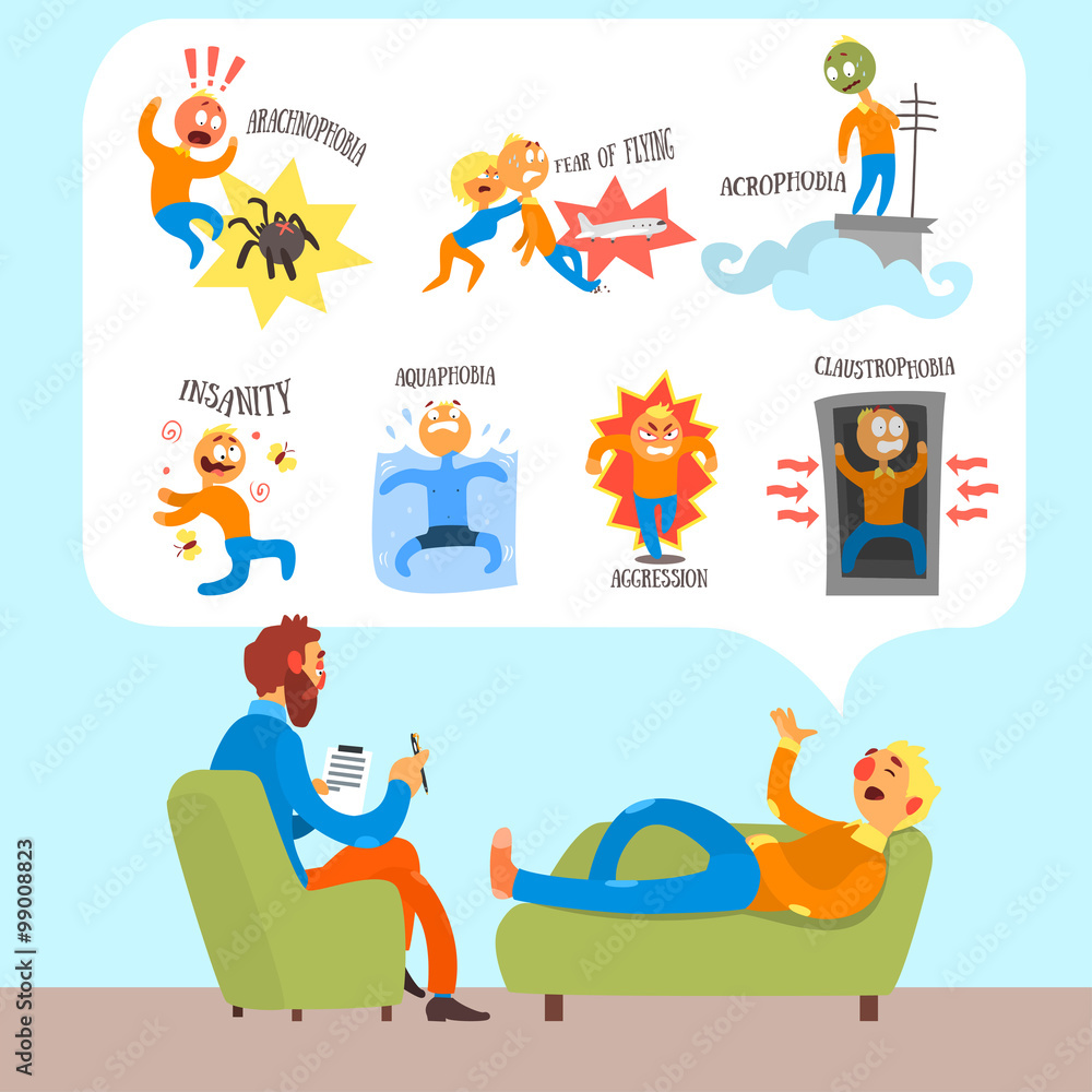 Fototapeta premium Psychotherapist with Lying Patient Discussing Phobia. Simple Vector Illustration