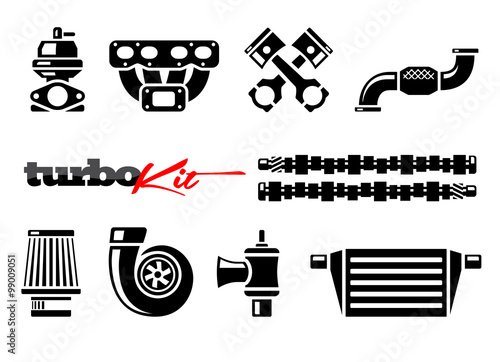 Vehicle turbo kit performance car parts icons set. Vector illustration. photo