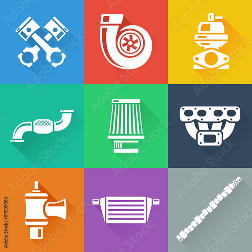 Vehicle performance car parts flat icons set. Vector illustration.