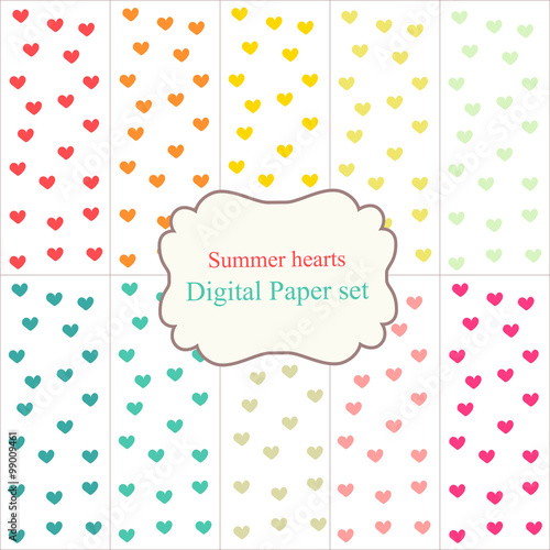 10 Digital Papers Rainbow Mixed Patterns Patterned Backgrounds Summer hearts, digital paper set