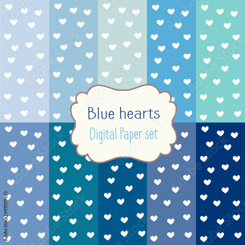 10 Digital Papers blue hearts Mixed Patterns Patterned Backgrounds, digital paper set