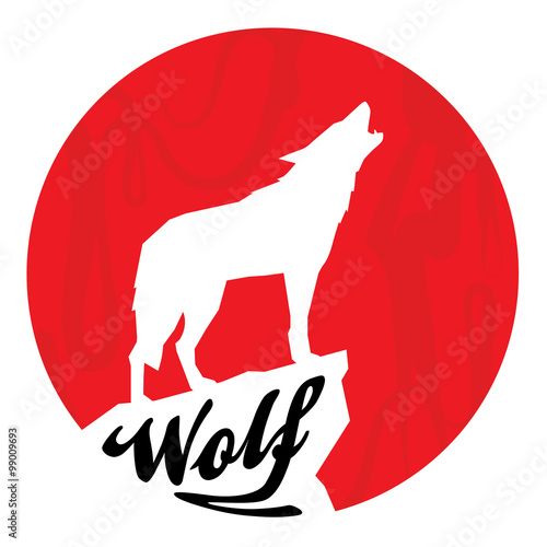 Red full moon with howling wolf silhouette. Vector illustration.