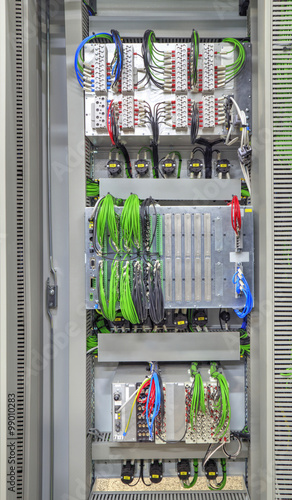 Industrial electrical panel with electronic devices for relay protection and process controlling closeup