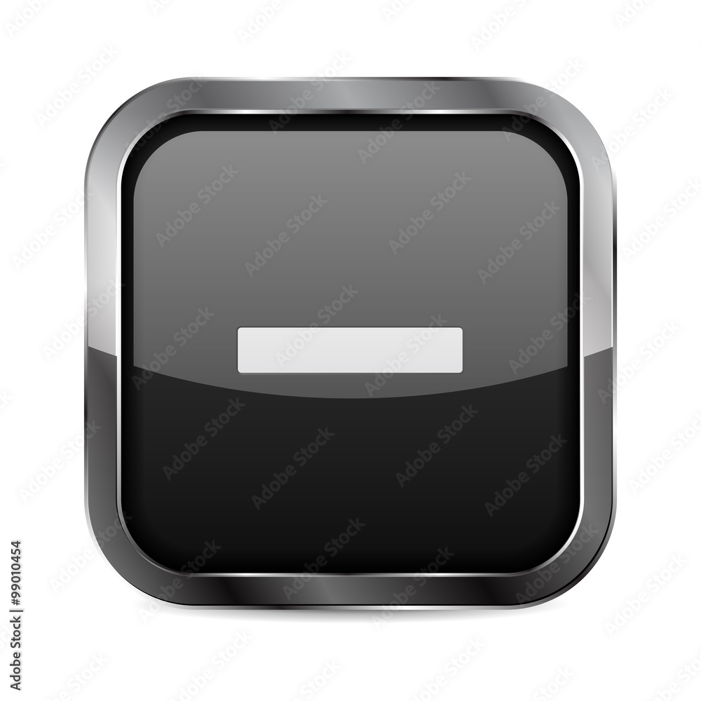 Square Button. Black Shiny glass button with metal frame. Minus icon. Square Button. Black Shiny glass button with metal frame. Minus icon.
