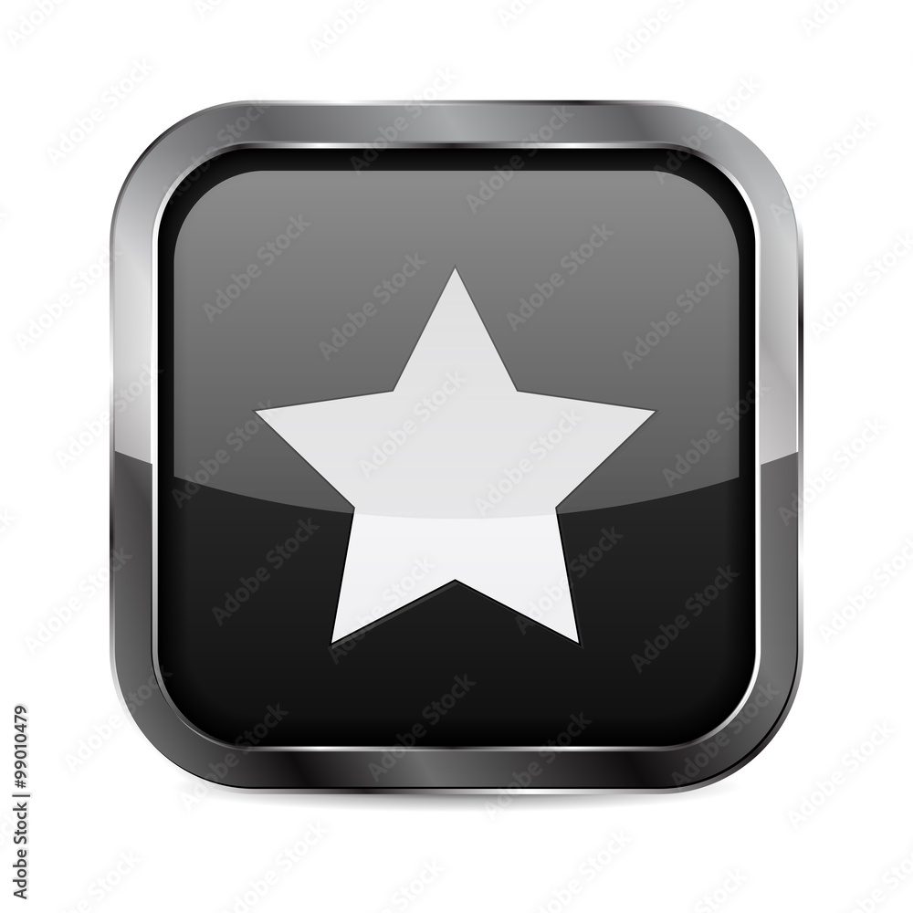 Square Button. Black Shiny glass button with metal frame. Favorite icon. Square Button. Black Shiny glass button with metal frame. Favorite icon.