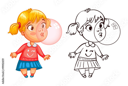 Funny girl inflates a bubble of gum. Funny cartoon character. Vector illustration. Coloring book. Isolated on white background