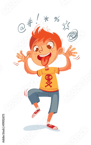 The boy swearing and grimacing for the camera. Funny cartoon character. Vector illustration. Isolated on white background